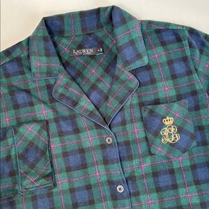 Ralph Lauren Black Label Crest Green Plaid Flannel Pajama Lounge Shirt Womens XL